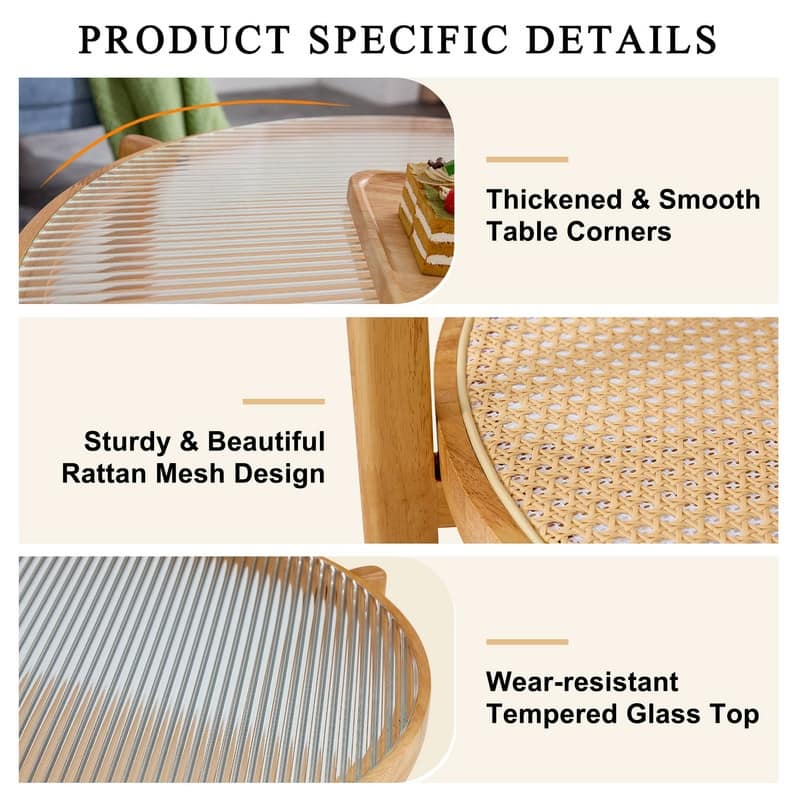 Solid Wood Round Coffee Table with Rattan Woven Shelf