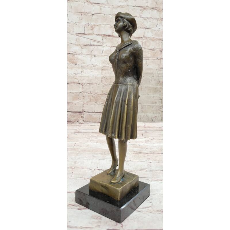Art Deco Period Girl In Hat Bronze Statue Sculpture Figure 11.5 Inches X 3.5 Inches