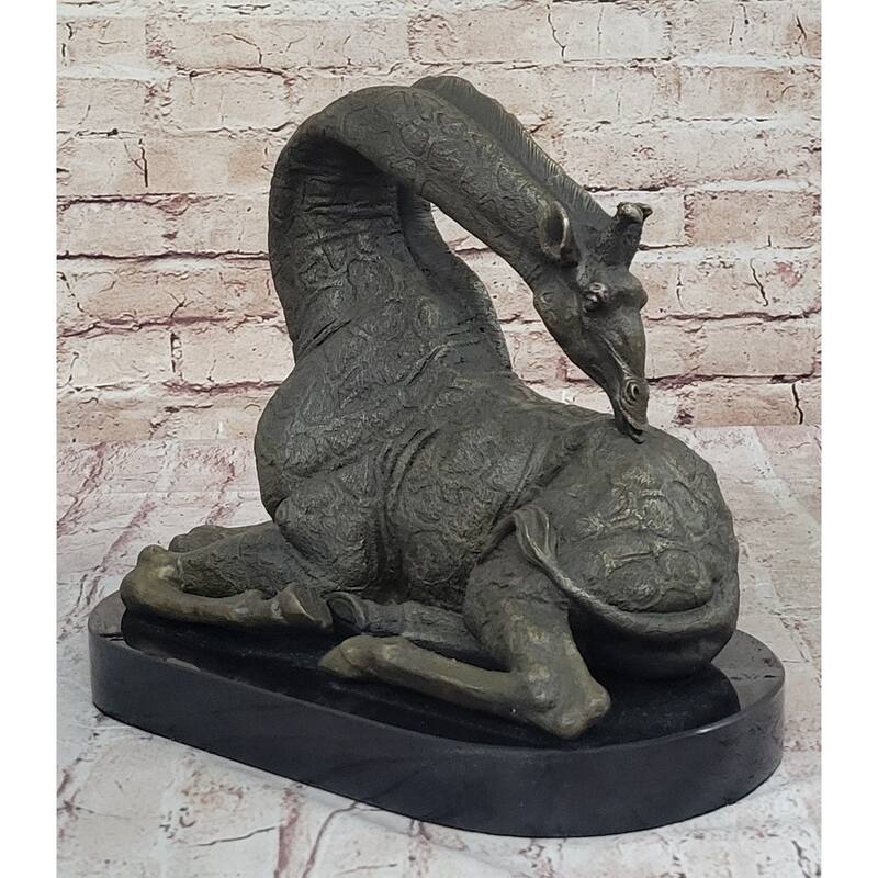 African Graceful Giraffe Sitting Bronze Sculpture Figurine Signed Marble Base
