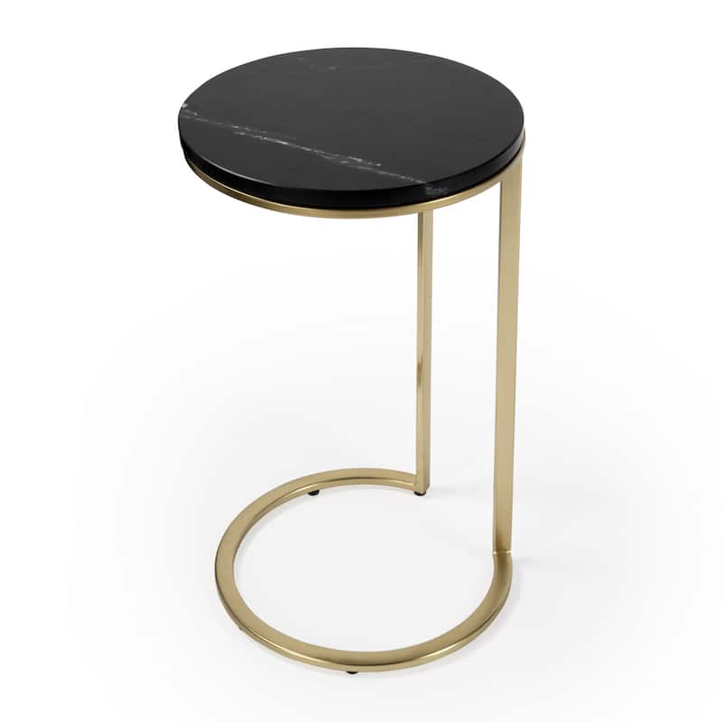 27.5" Round Modern Black Marble Side End Table with Distressed Finish and Sled Base for Living Room - 27.5"H x 16.5"W x 16.5"L