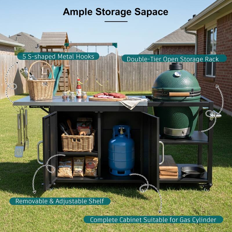 76 Inch Outdoor Grill Cart with Storage Drop Leaf Hooks and Bottle Opener