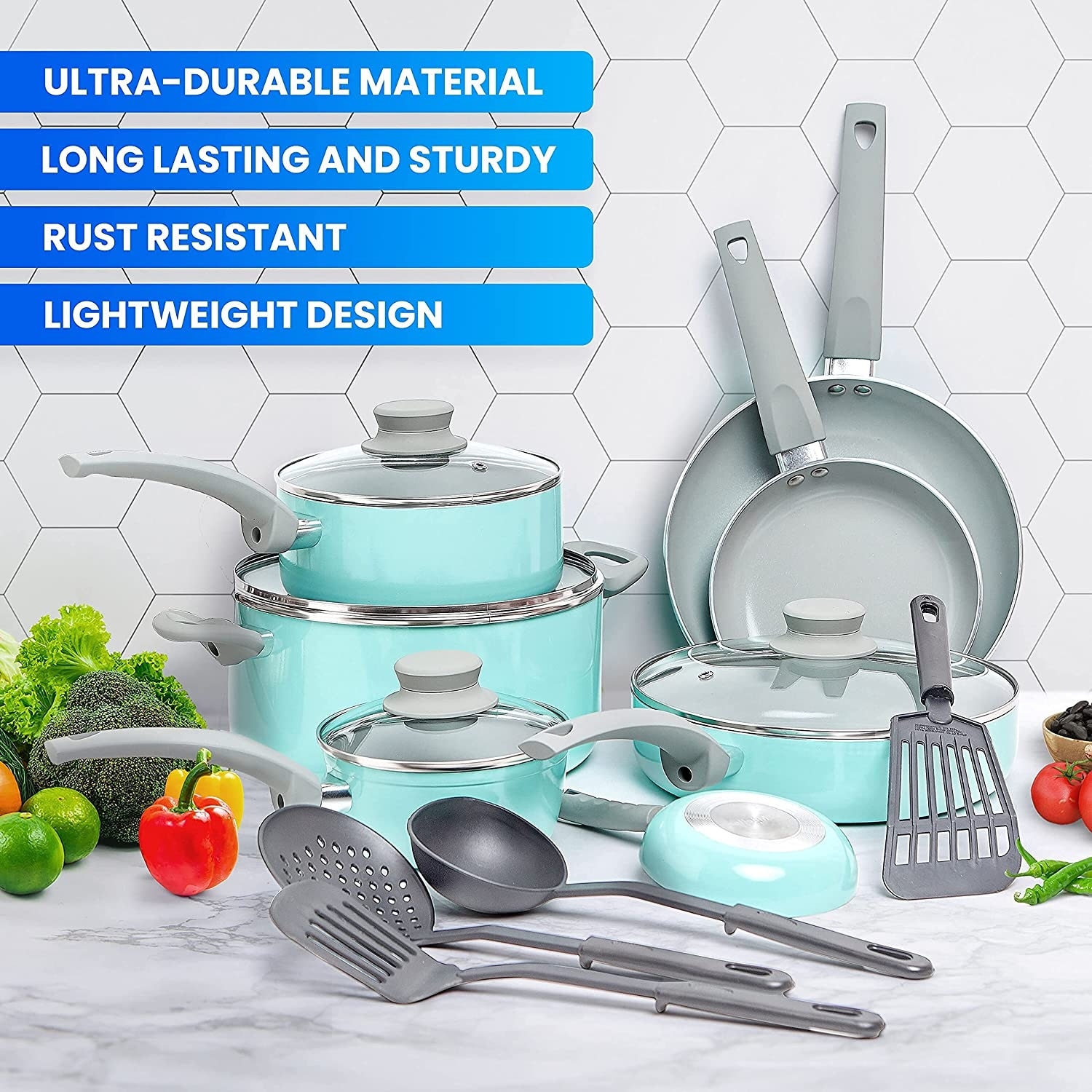 Healthy Ceramic Nonstick 16 Piece Kitchen Cookware Set Pots and