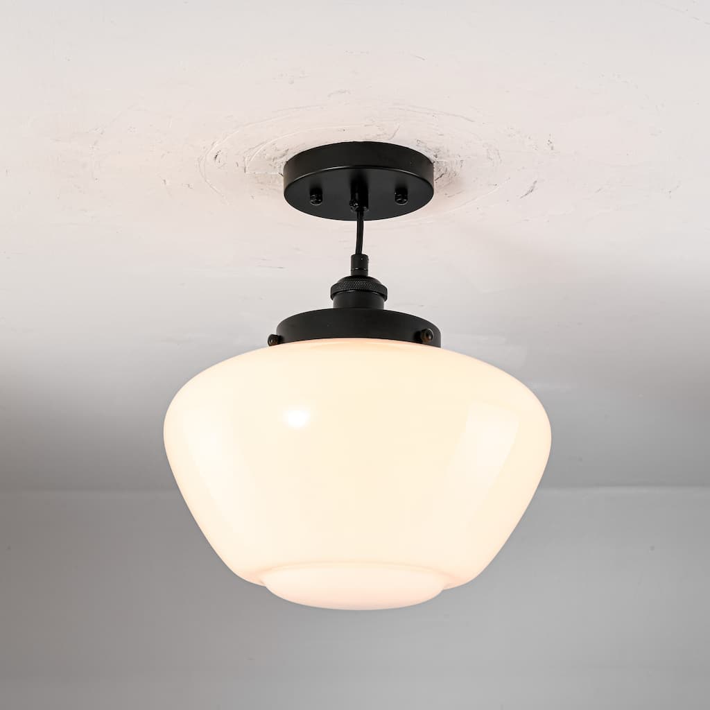 1-Light Mid-Century Modern Brass/Black Frosted Glass Globe Dome Pendant Light