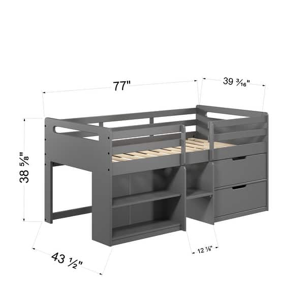 Wooden Twin Size Low Loft Bed with Storage, Loft Platform Bed Frame for Kids, Solid Wood Slat Support, No Box Spring Needed