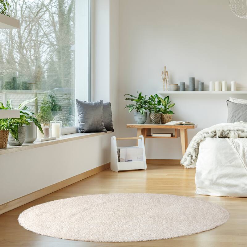 Gertmenian Thayer Solid Modern Ivory Shag Area Rug - 78" Round - Ivory - Round