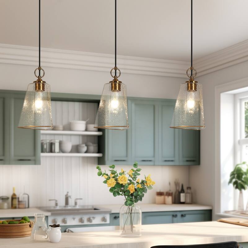 Modern 1-Light Gold Textured Glass Pendant Kitchen Island Light for Dining Room Bedroom - D 6.7" x H 71.7"Max