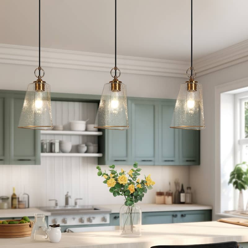 Modern Gold 1-Light Hammered Glass Pendant Light for Kitchen Island Dining Room - D 6.7" x H 71.7"Max