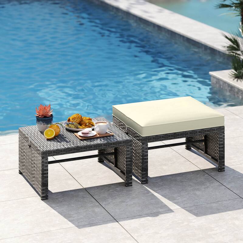 Costway Patio Ottomans Set of 2 PE Rattan Footstools with Removable - See Details