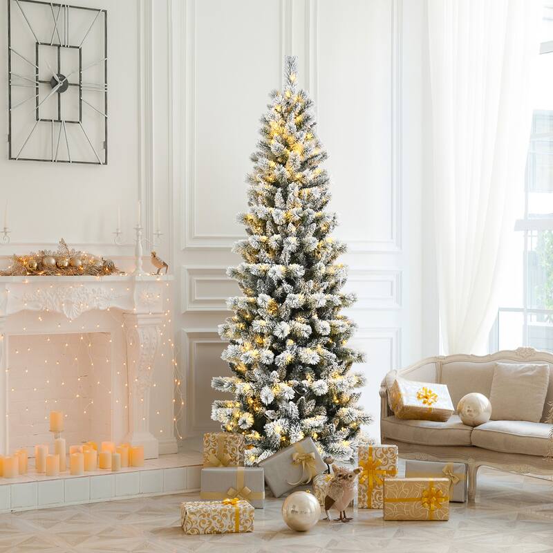 Gymax 5/6/7.5/8 ft Pre-lit Snow Flocked Artificial Christmas Tree w/