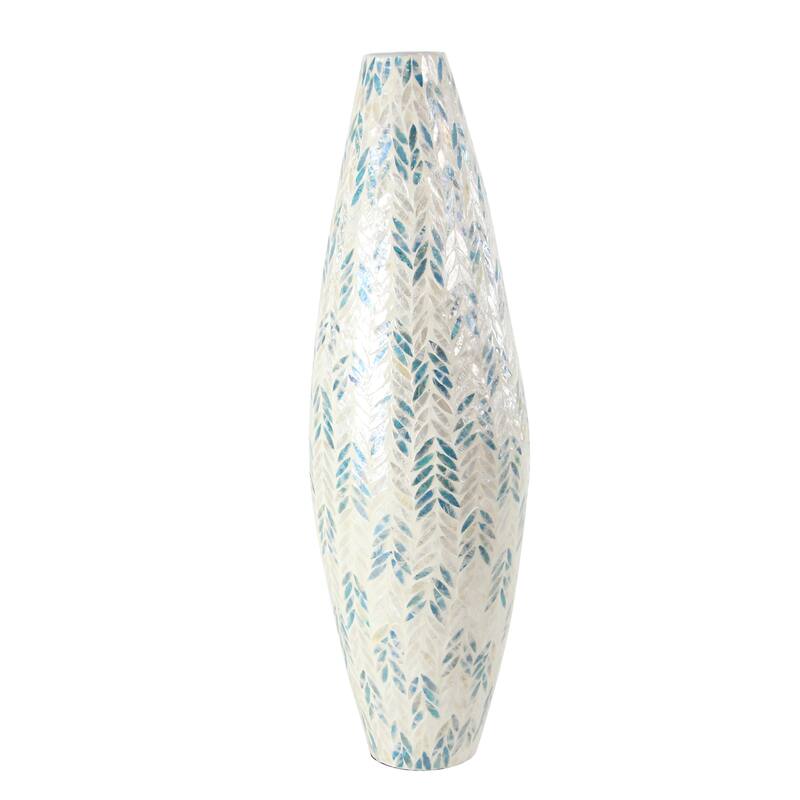 Cream Mother of Pearl Shell Handmade Tall Mosaic Decorative Vase with Blue Accents