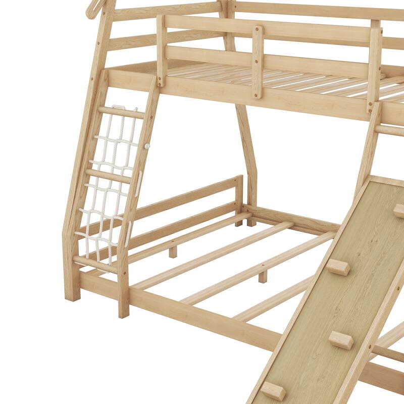 Twin Over Queen House Bunk Bed with Climbing Nets & Climbing Ramp