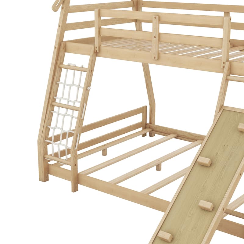 Twin over Queen Size Wooden Bunk Bed, Solid Pinewood House Shaped Bunk Bed Frame with Climbing Nets and Climbing Ramp