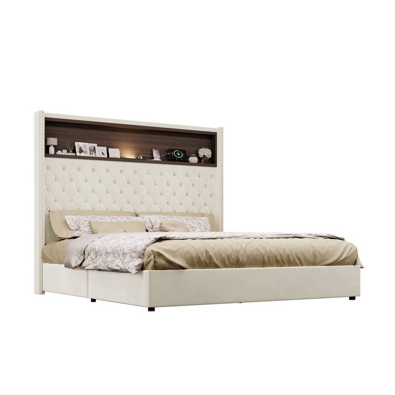 Luxurious Design Platform Bed Frame with USB Port and Night Light