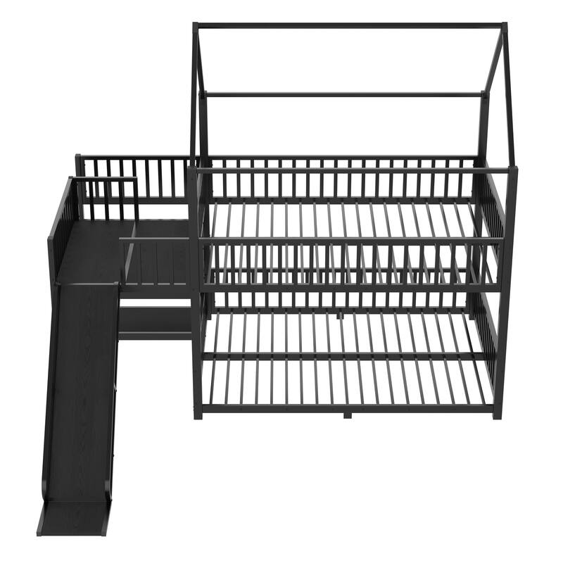 Modern Metal House Bunk Bed with Safety Guardrails, Heavy Duty Metal House Bed Frame with Storage Shelves and Slide