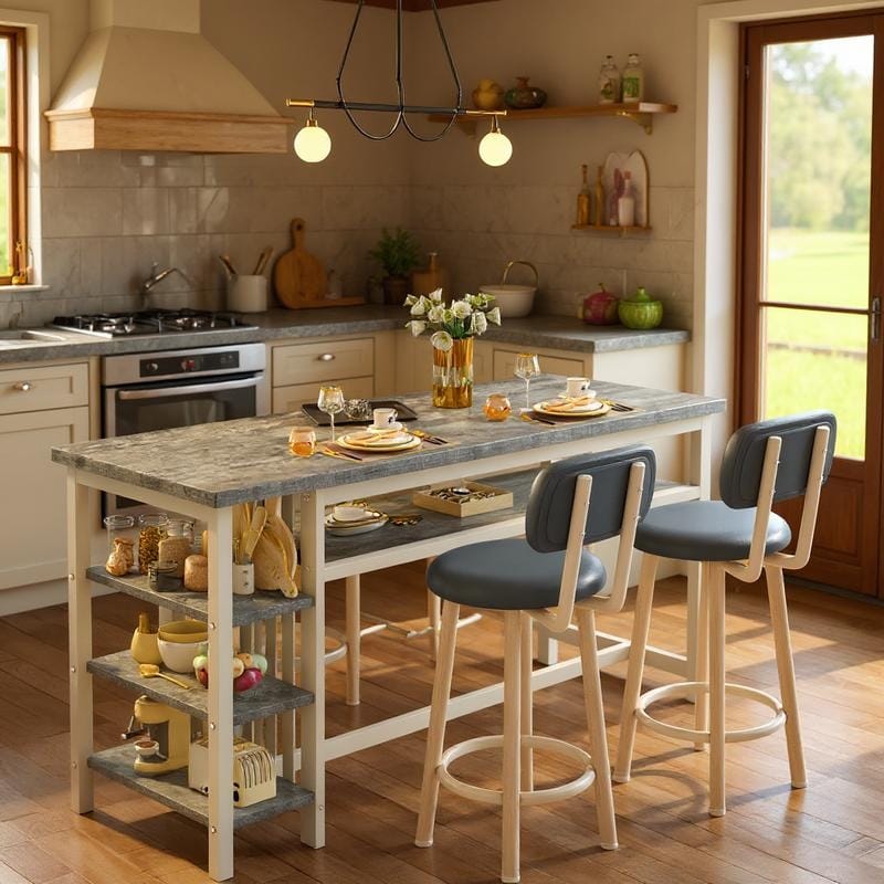 3-Piece Dining Room Table Set with 2 Upholstered Bar Stools, Modern Farmhouse Bar Table Set for 2 with Multiple Tier Shelves - Weathered Gray/White/Gray PU