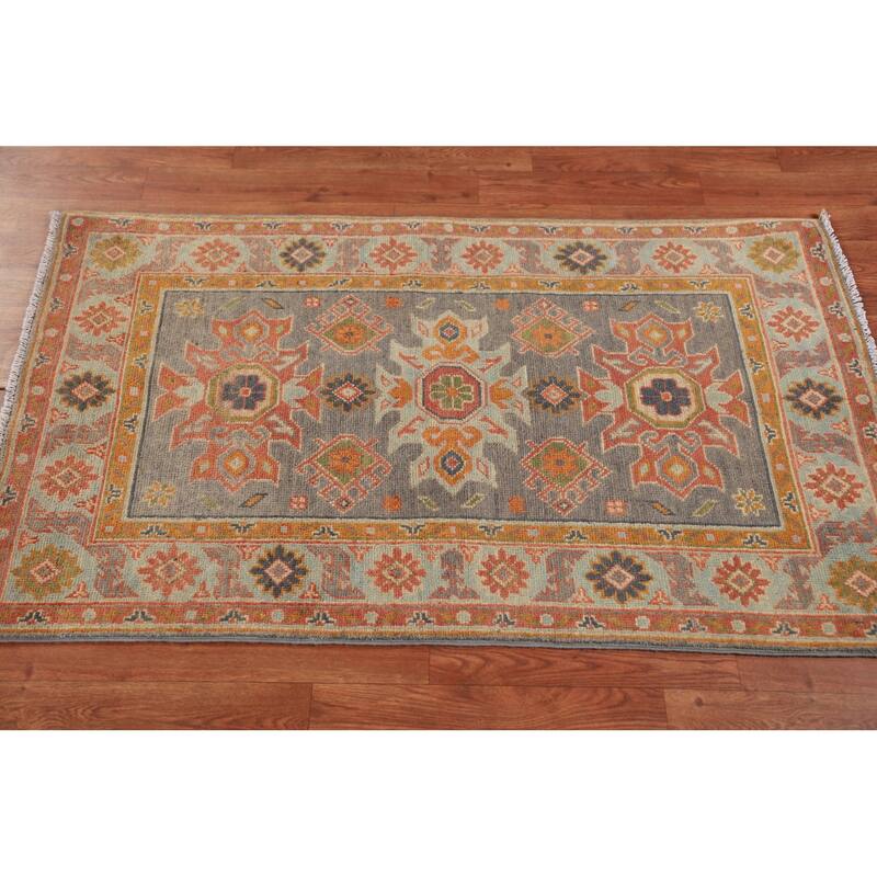 Geometric Grey Kazak Foyer Rug Hand-Knotted Wool Carpet - 2'6"x 4'4"