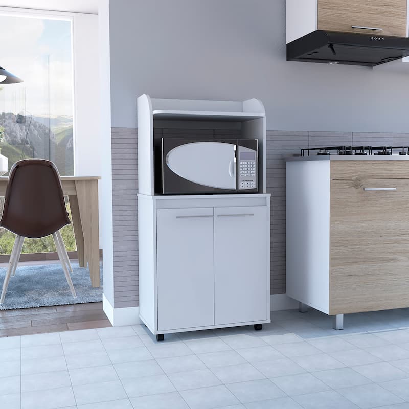 Kitchen Kart, Double Door Cabinet, One Open Shelf, Two Interior Shelves -White - White