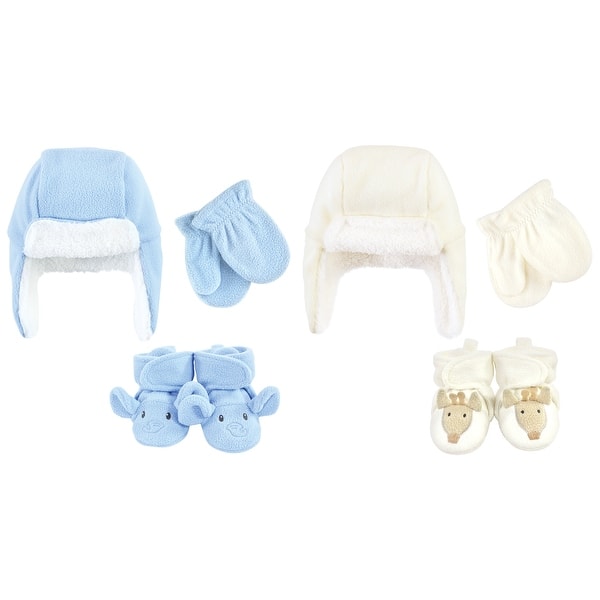 slide 1 of 1, Hudson Baby 6Pc Trapper Hat, Mitten and Bootie Set, Blue Elephant Giraffe 12-18 Months - Blue Elephant Giraffe