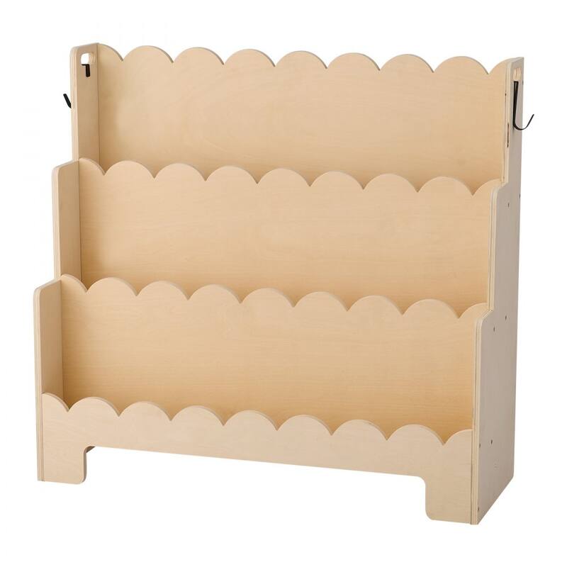 Natural Wood Kids Montessori Bookshelf with 3 Compartments and Side Hooks for Toys and Supplies - 29.53 x 10.63 x 27.56 in