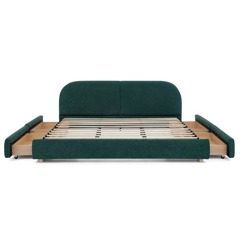 Fabric Upholstered Platform Bed Frame with Curved Headboard/4 Built-in Wheeled Storage Drawers/Sturdy Legs Support/Easy Assembly
