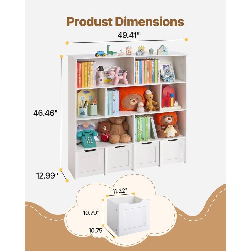 Brown Wooden Toy Storage Organizer with 11 Compartments and 4 Drawers - 49.41 x 12.99 x 46.46 in
