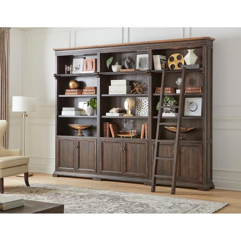 Executive Bookcase Wall With Wood Ladder, Brown - 120"W x 94"H x 14"D