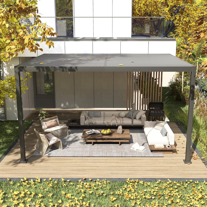 EROMMY Outdoor Louvered Pergola Gazebo with Adjustable Aluminum Rainproof Roof and Pull-Down Screen