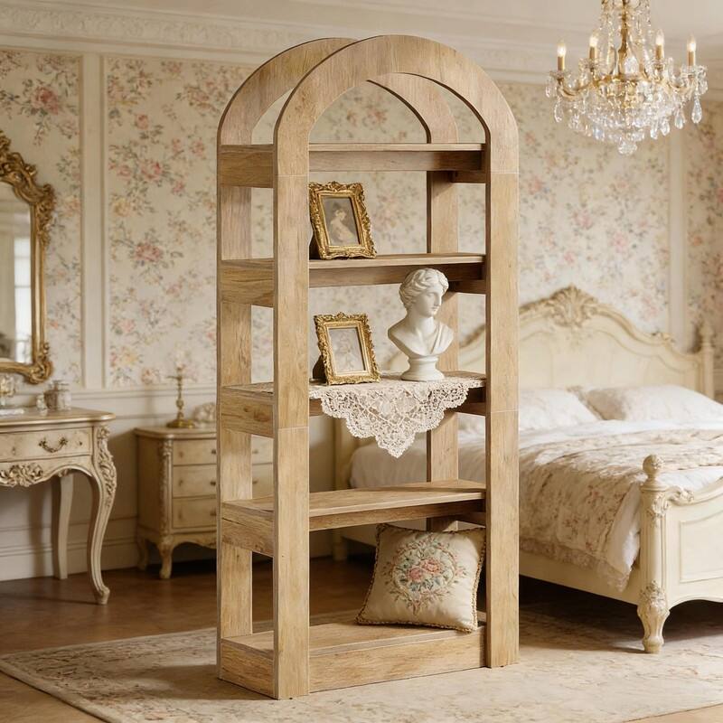 Modern Arched Bookshelf with 5 Shelves, Teak Finish MDF Storage Bookcase for Living Room or Office