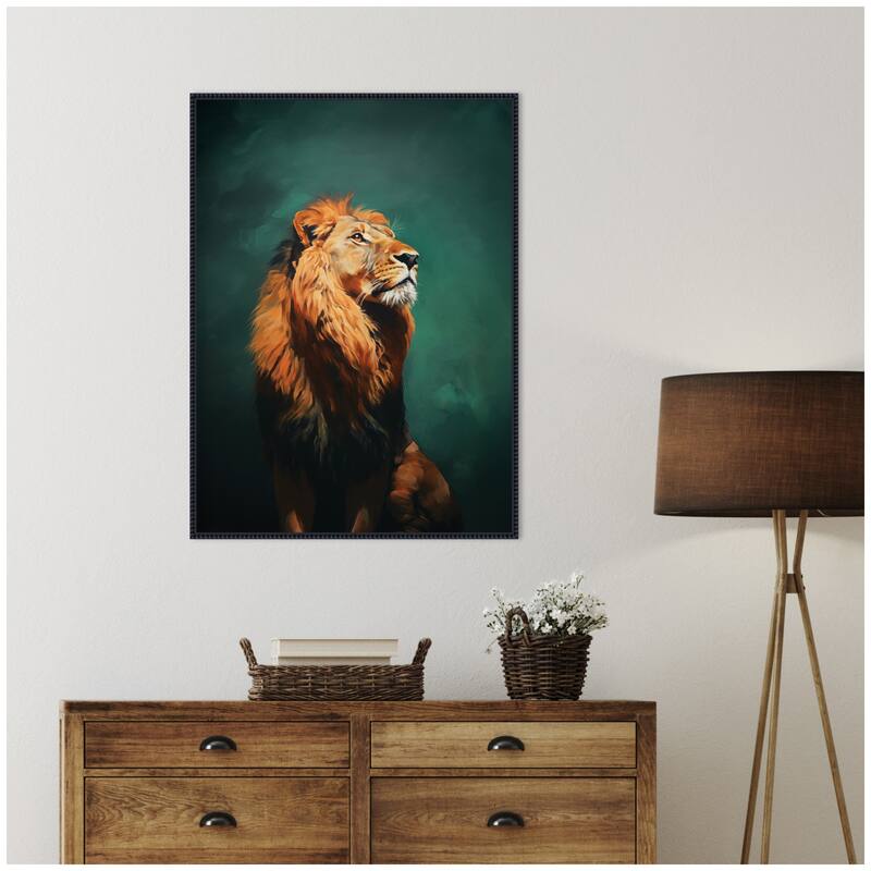 Kate and Laurel Twilight Turquoise Jade Lion by The Creative Bunch Studio Framed Canvas Wall Art Print