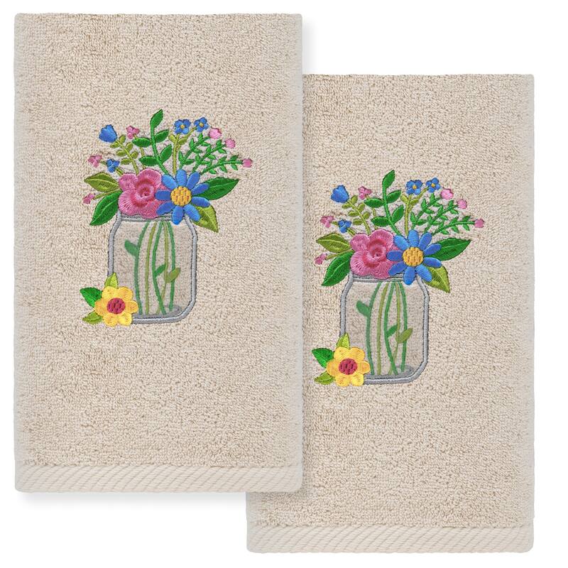 Authentic Hotel and Spa Country Bouquet - Embroidered Luxury 100% Turkish Cotton Hand Towel (Set of 2) - Sand