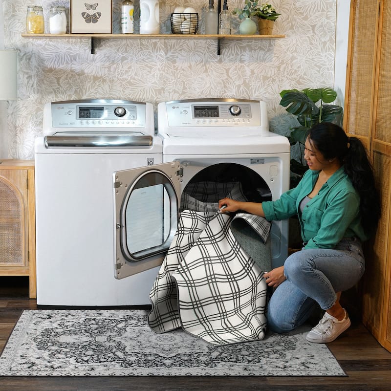 My Magic Carpet Machine Washable Area Rug Plaid Black And Cream