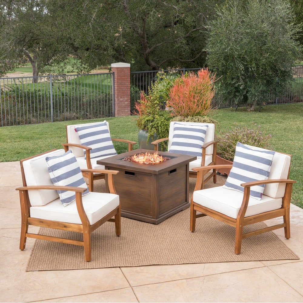 Havana Outdoor 4-seater Wood Chat Set with Fire Table by Christopher Knight Home