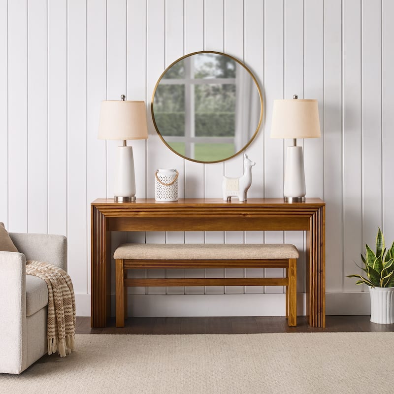 Fluted Counter Height Bar Table Set for Two with Upholstered Bar Stool and Solid Wood Legs - Brown
