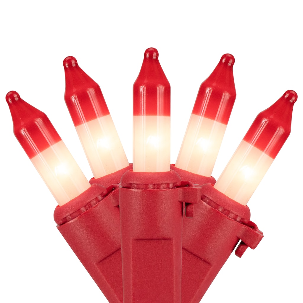 Peppermint Mini Christmas Light Set - White with Red Tip - 10' Red Wire - 50ct