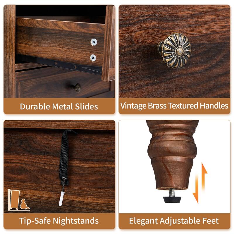 Wood 3-Drawer Nightstand with Rustic Finish and Storage