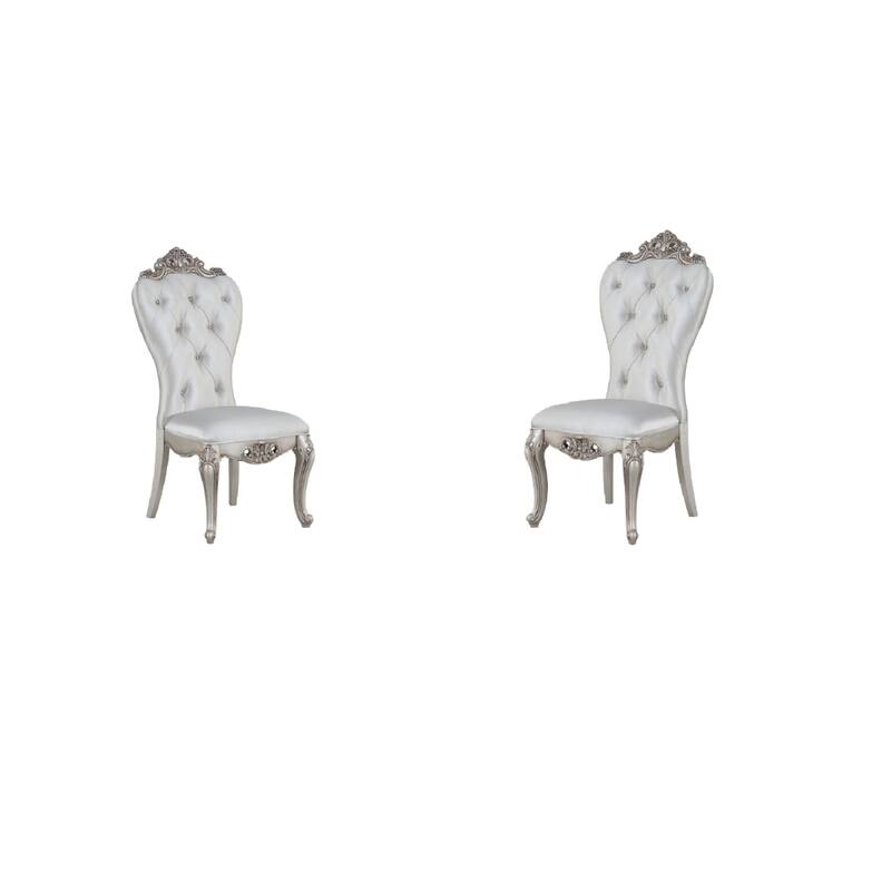 Set of 2 Upholstered Dining Side Chairs with Cream Fabric Queen Anne Back and Antiqued White Wood Frame - 42”H x 25”W x 22”D