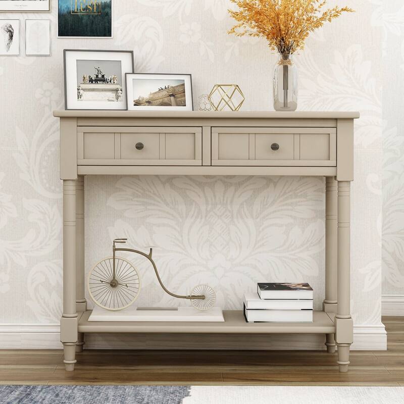 Daisy Series Farmhouse Console Table Solid Wood 2 Drawers Bottom Shelf Entryway