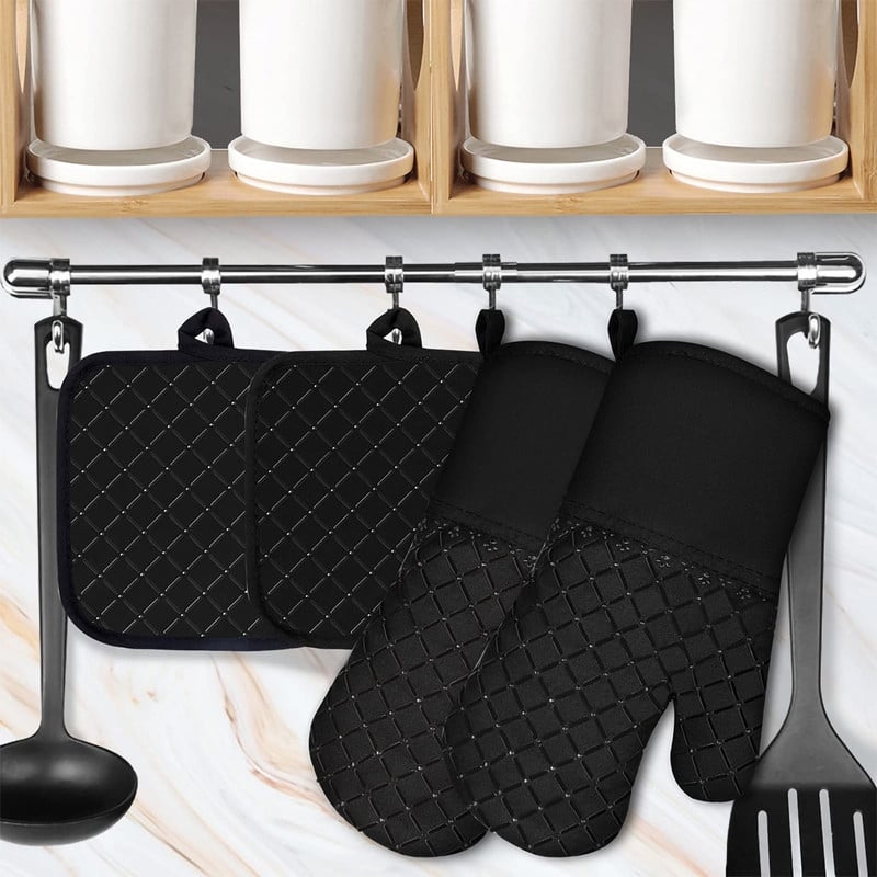 Heat Resistant BBQ Oven Mitts & Pan Rack Set Gloves for Baking, Cooking, Grilling