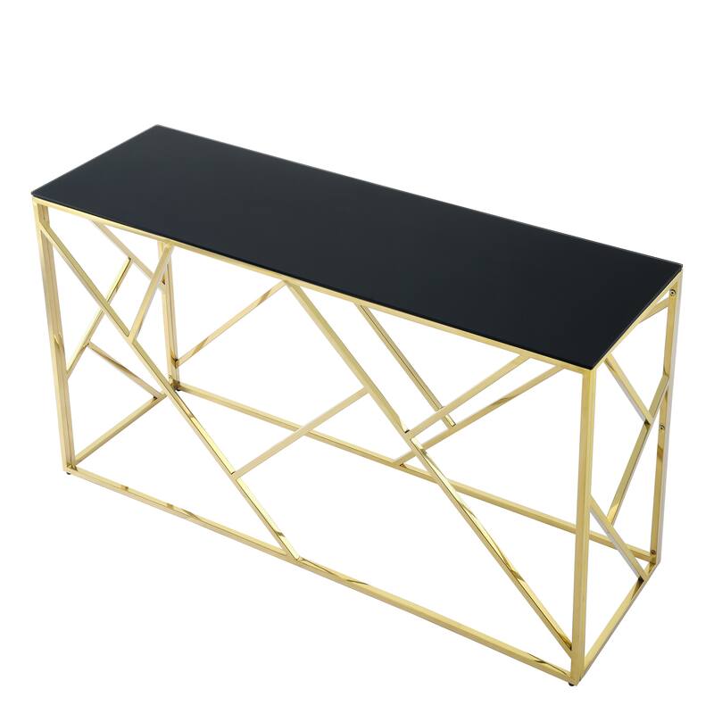Modern Glass Console Table, 55" Gold Sofa Table with Sturdy Metal Frame and Tempered Glass Top - Black+Polished Golden