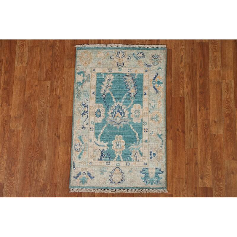 Hand Knotted Oriental 100% Wool Carpet Transitional Floral Green Oushak Area Rug - 3' 2'' X 2' 0''