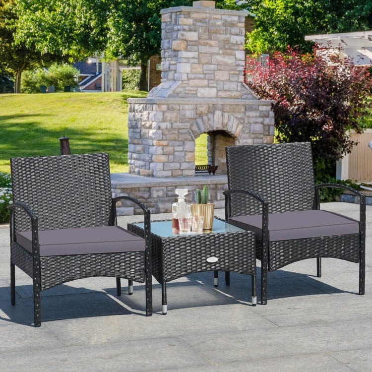 3 Pieces Patio Wicker Rattan Furniture Set with Cushion for Lawn Backyard - 19.5" x 19.5" x 15" (L x W x H)