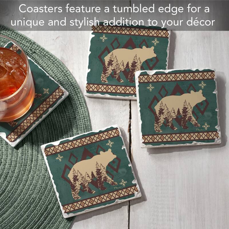 Aztec Lodge III Absorbent Stone Coasters with Protective Cork Backing 4-Pack 4" Square Made in The USA Easily Wipes Clean