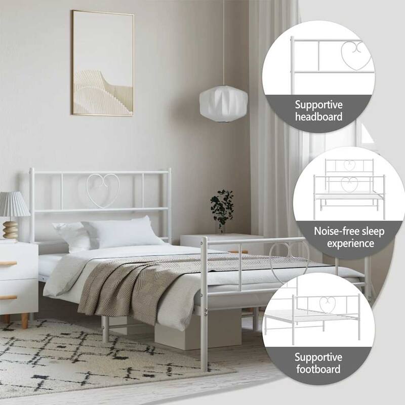 vidaXL Twin XL Metal Bed Frame with Headboard, White, No Mattress - 81.5" x 41.3" x 35.4"