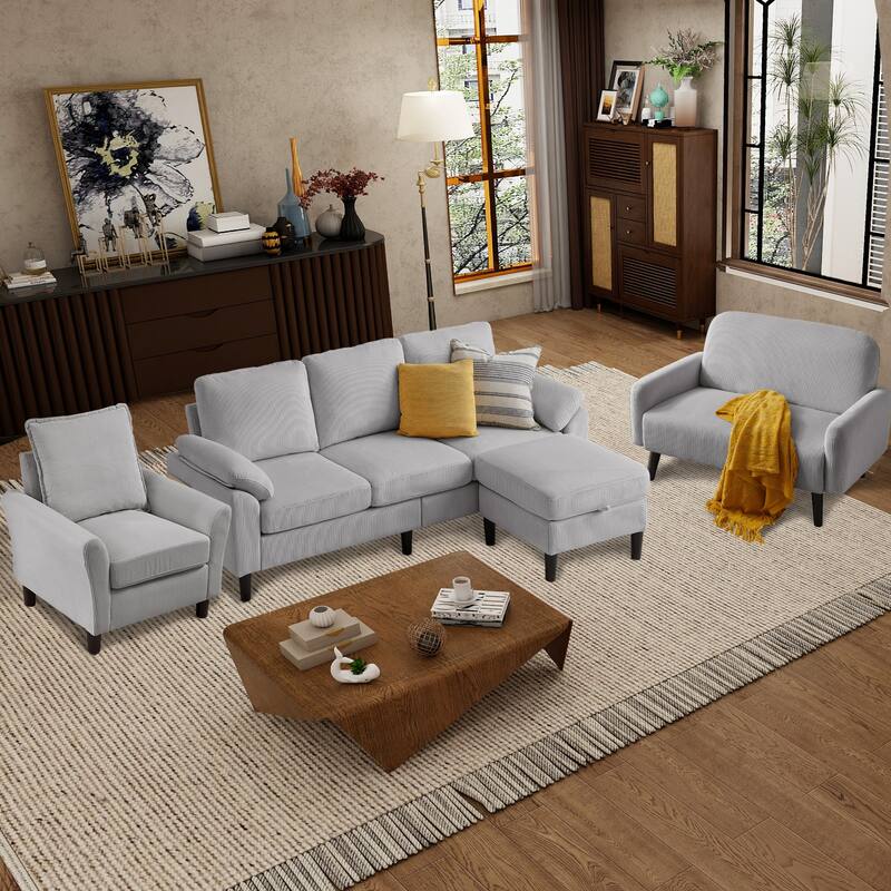 4 Pieces Corduroy Living Room Sets with Sofa, Ottoman and Loveseat