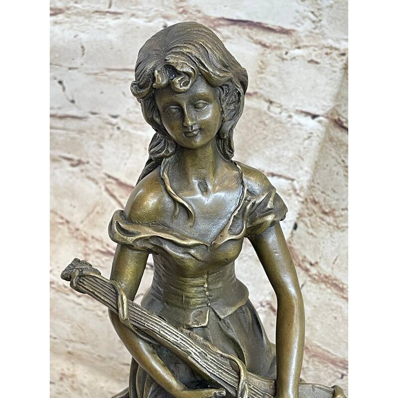 Young Girl With Guitar Musical Instrument Musician Bronze Statue Sculpture Figure 13 Inches X 6.5 Inches