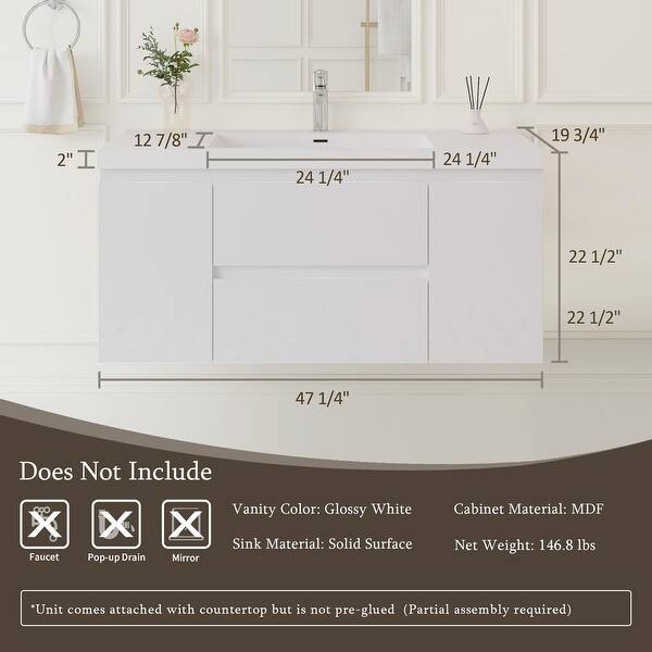 dimension image slide 0 of 4, Wall-Mounted Bathroom Vanity with White Solid Surface Top