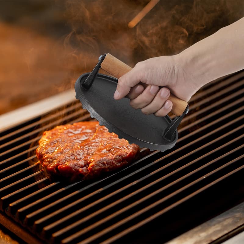 Round Burger Press, Cast Iron Smash Bacon Press Meat Steak with Wood Handle for Griddle Sandwich Nonstick Pan, Black