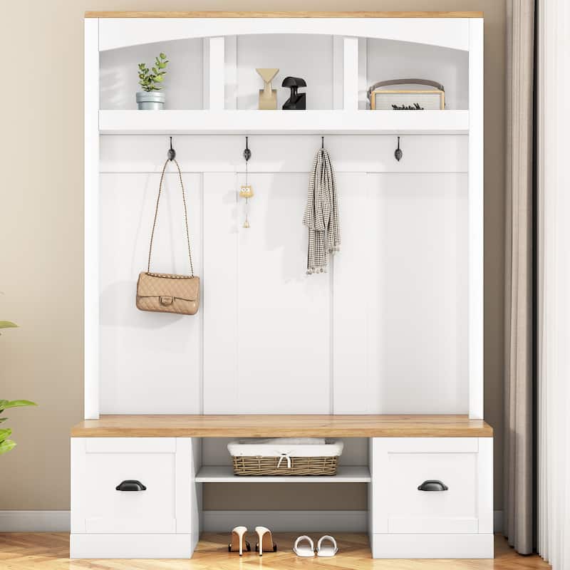 Roomfitters Farmhouse Hall Tree with Wood Grain Bench and Top, 4-in-1 Mudroom Organizer with Coat Rack