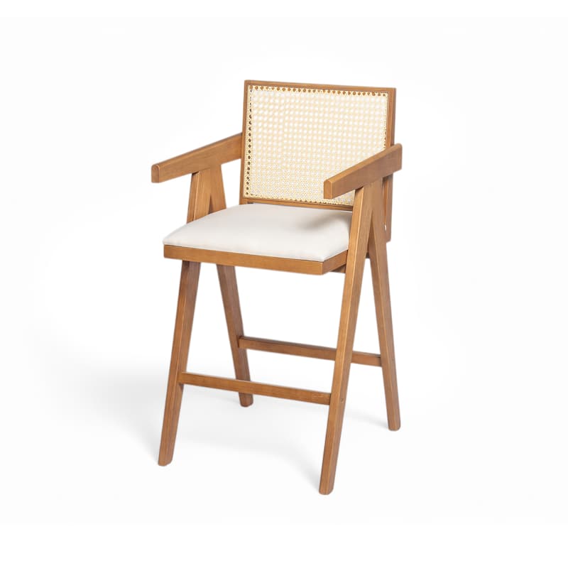 27" Bar Stool with Cream Woven Cane Back & Padded Fabric Seat, Durable Rubberwood Frame