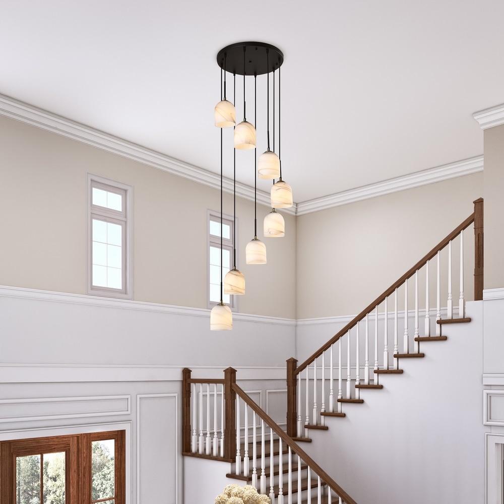 Artcraft Crema - 8-Light Chandelier 18.5" - Black with Brushed Brass Accent - Alabaster Style Swearl Glass Shade